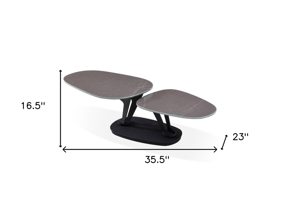 Gray and Black Faux Marble and Metal Oval Coffee Table - 36-inch