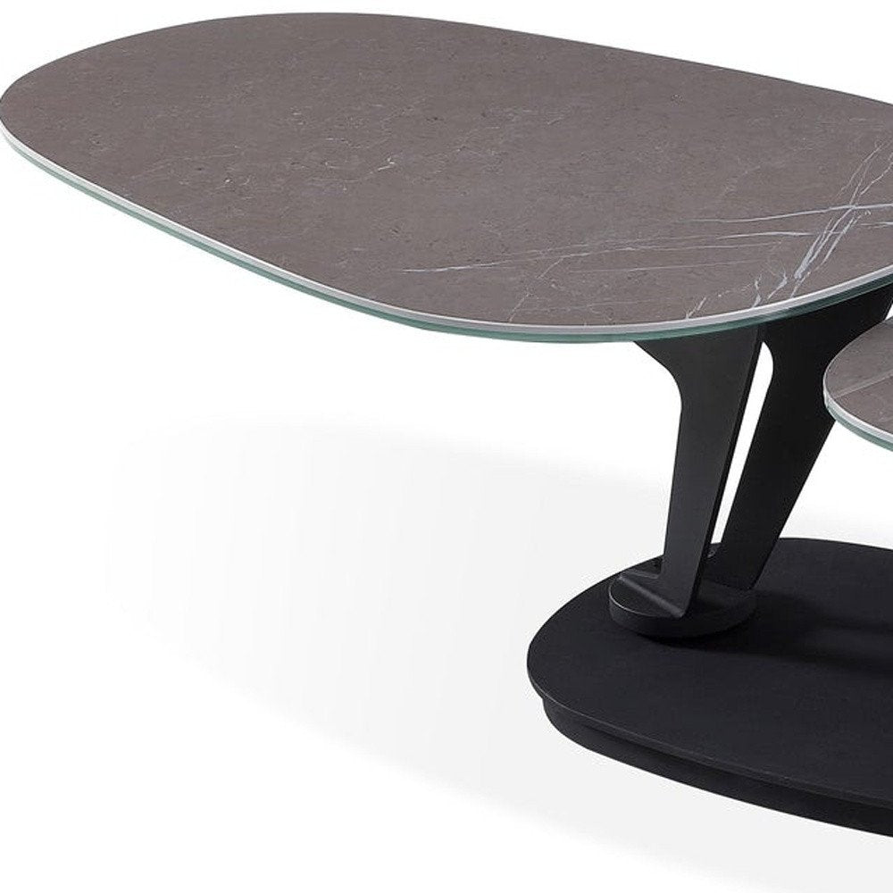 Gray and Black Faux Marble and Metal Oval Coffee Table - 36-inch