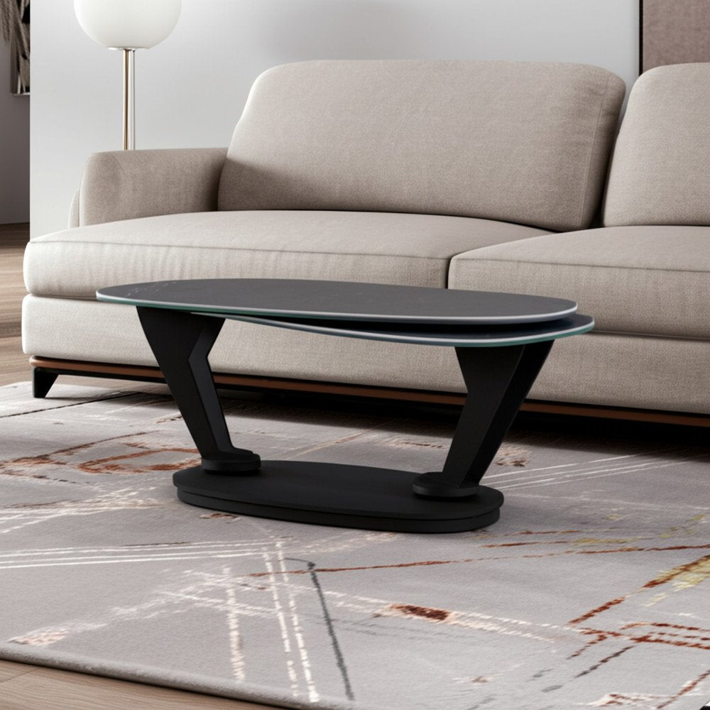 Gray and Black Faux Marble and Metal Oval Coffee Table - 36-inch