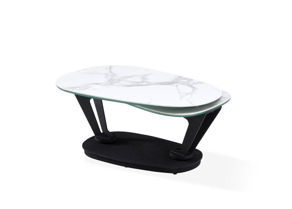 White and Black Faux Marble and Metal Oval Coffee Table - 36-inch