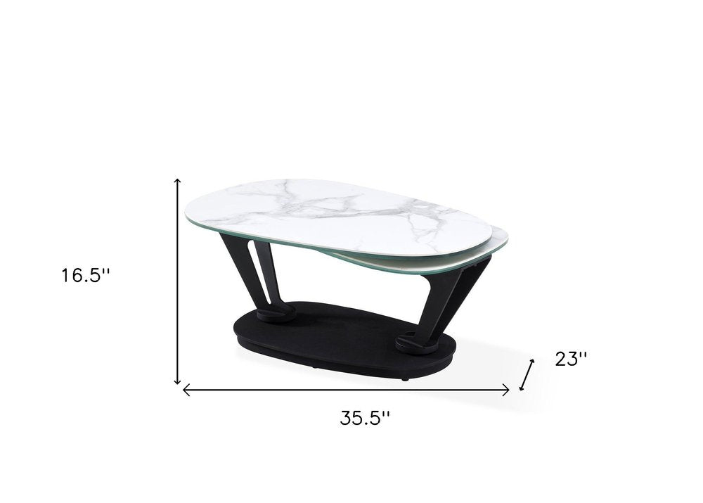 White and Black Faux Marble and Metal Oval Coffee Table - 36-inch
