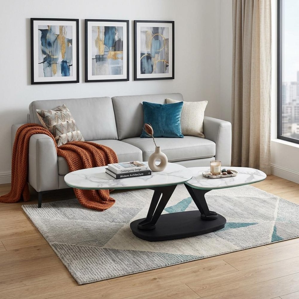 White and Black Faux Marble and Metal Oval Coffee Table - 36-inch