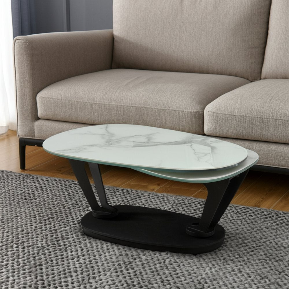 White and Black Faux Marble and Metal Oval Coffee Table - 36-inch