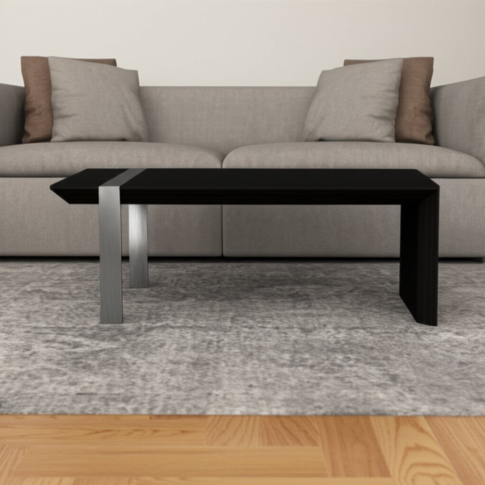 Black and Silver Wood and Stainless Steel Distressed Sled Coffee Table