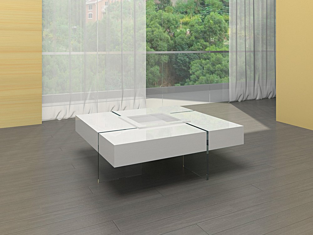 White and Clear Wood and Glass Square Sled Coffee Table - 47-inch