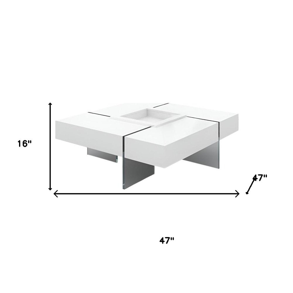 White and Clear Wood and Glass Square Sled Coffee Table - 47-inch