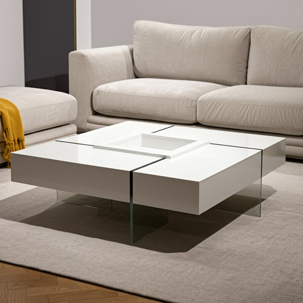 White and Clear Wood and Glass Square Sled Coffee Table - 47-inch