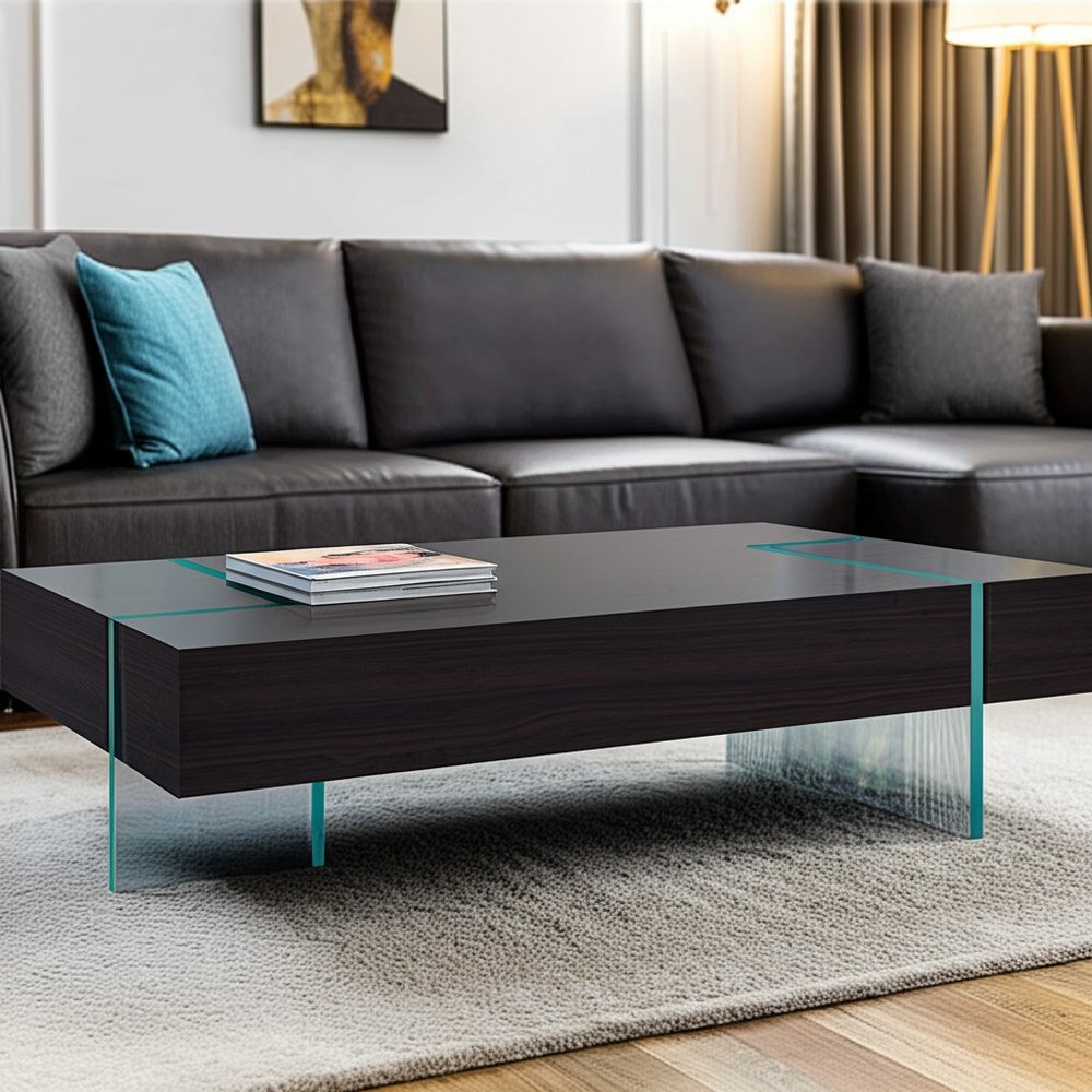 Black and Clear Wood and Glass Sled Coffee Table - 53-inch