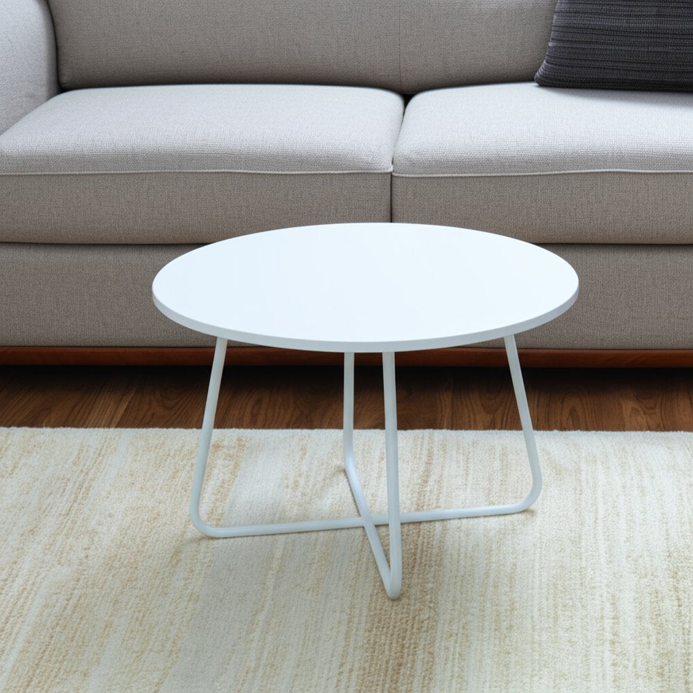 White Wood and Metal Round Cross Legs Coffee Table - 28-inch