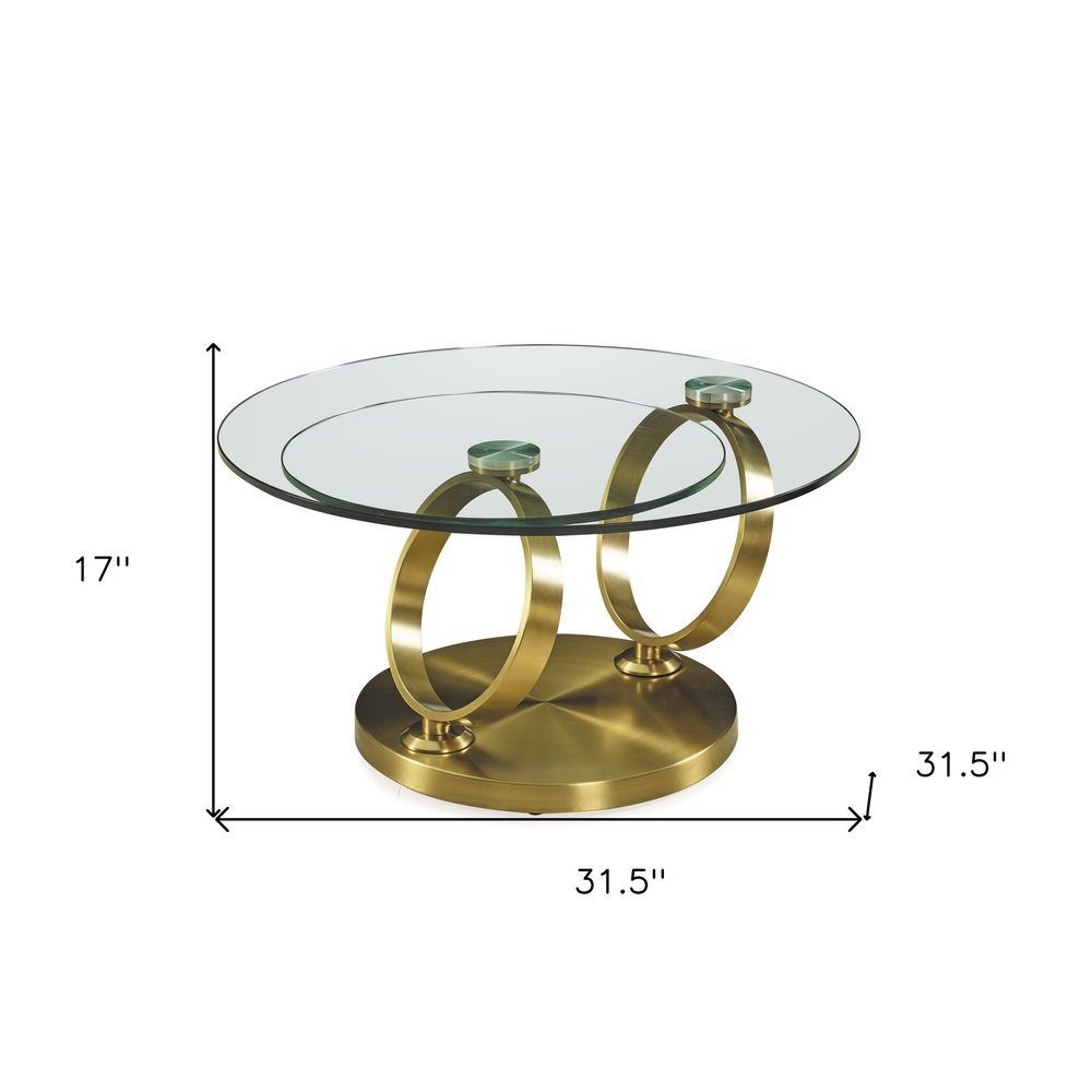 Clear and Gold Glass and Metal Round Abstract Coffee Table - 32-inch