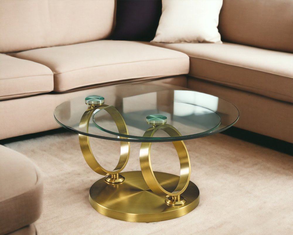 Clear and Gold Glass and Metal Round Abstract Coffee Table - 32-inch