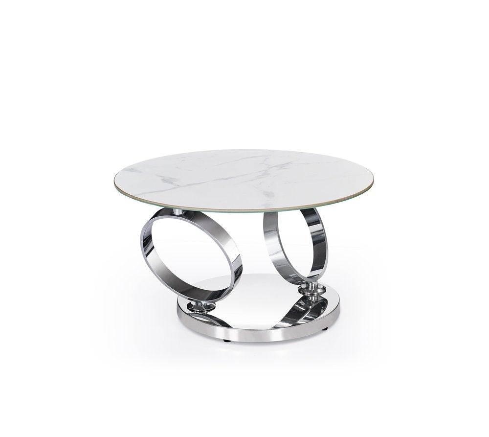 White and Silver Ceramic Tile and Metal Round Abstract Coffee Table