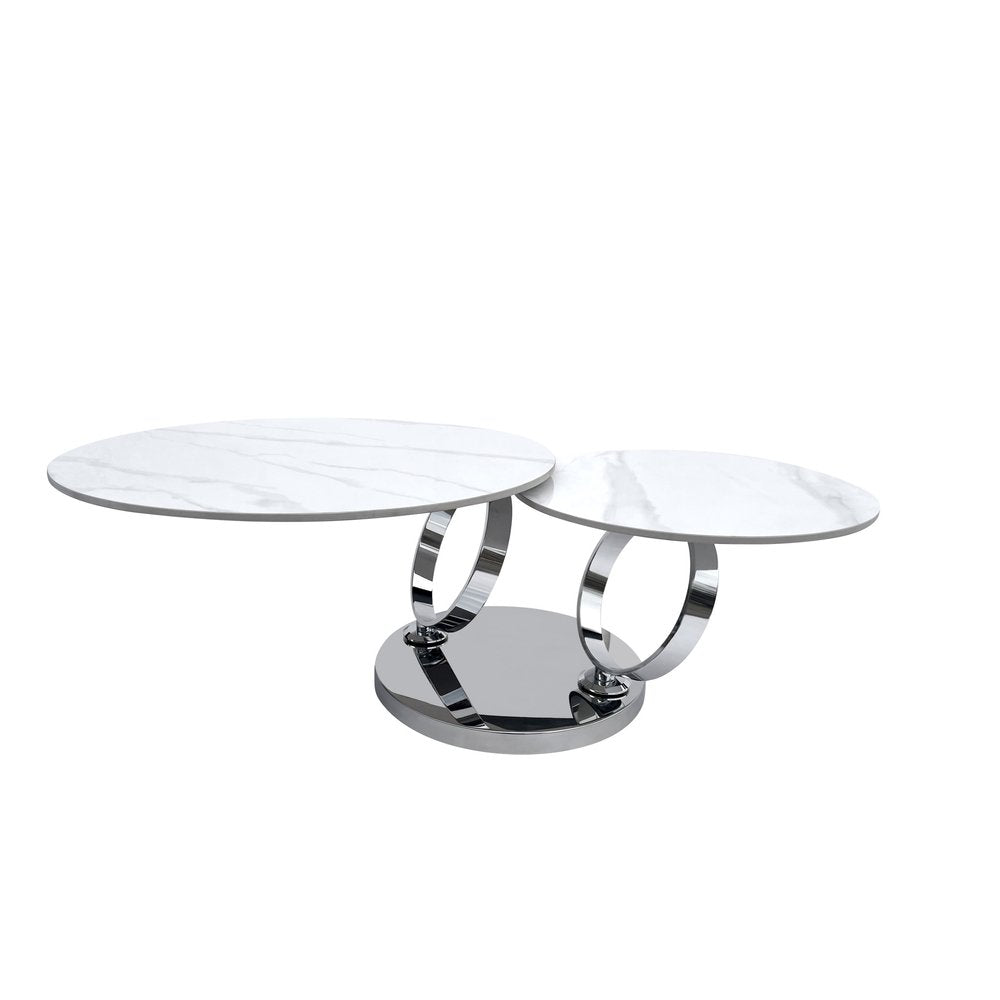 White and Silver Ceramic Tile and Metal Round Abstract Coffee Table