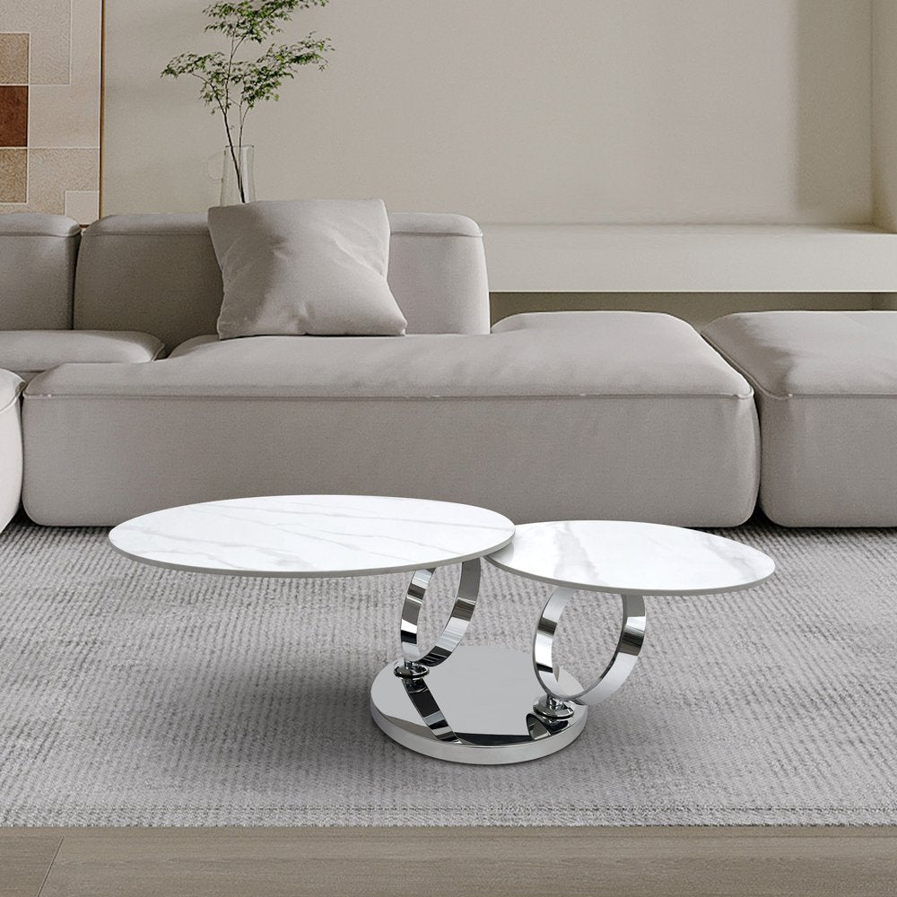 White and Silver Ceramic Tile and Metal Round Abstract Coffee Table