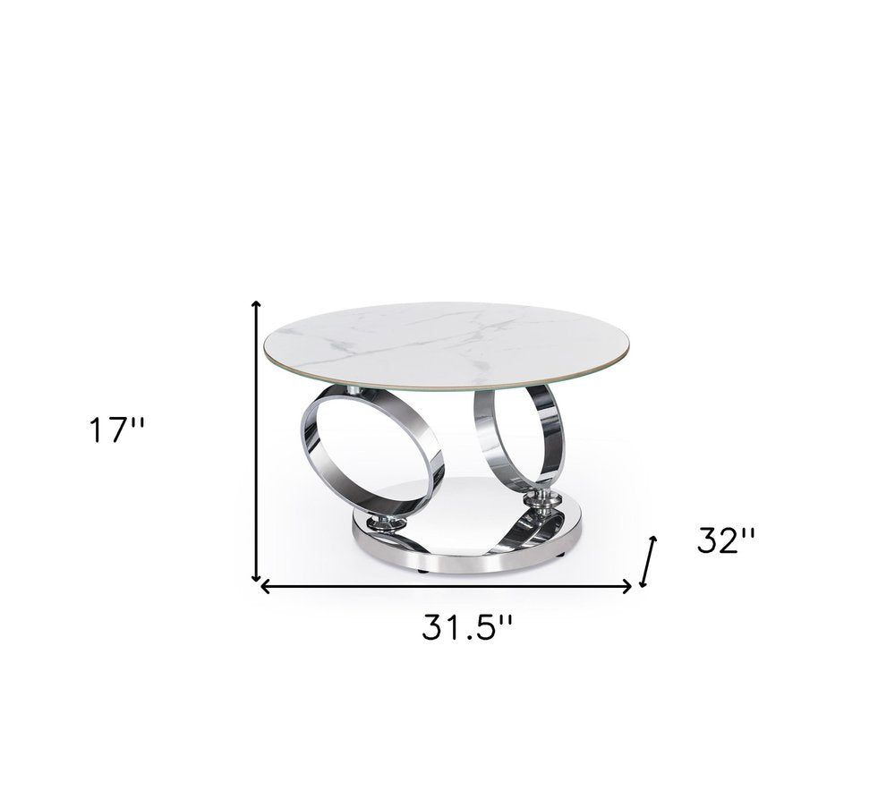 White and Silver Ceramic Tile and Metal Round Abstract Coffee Table
