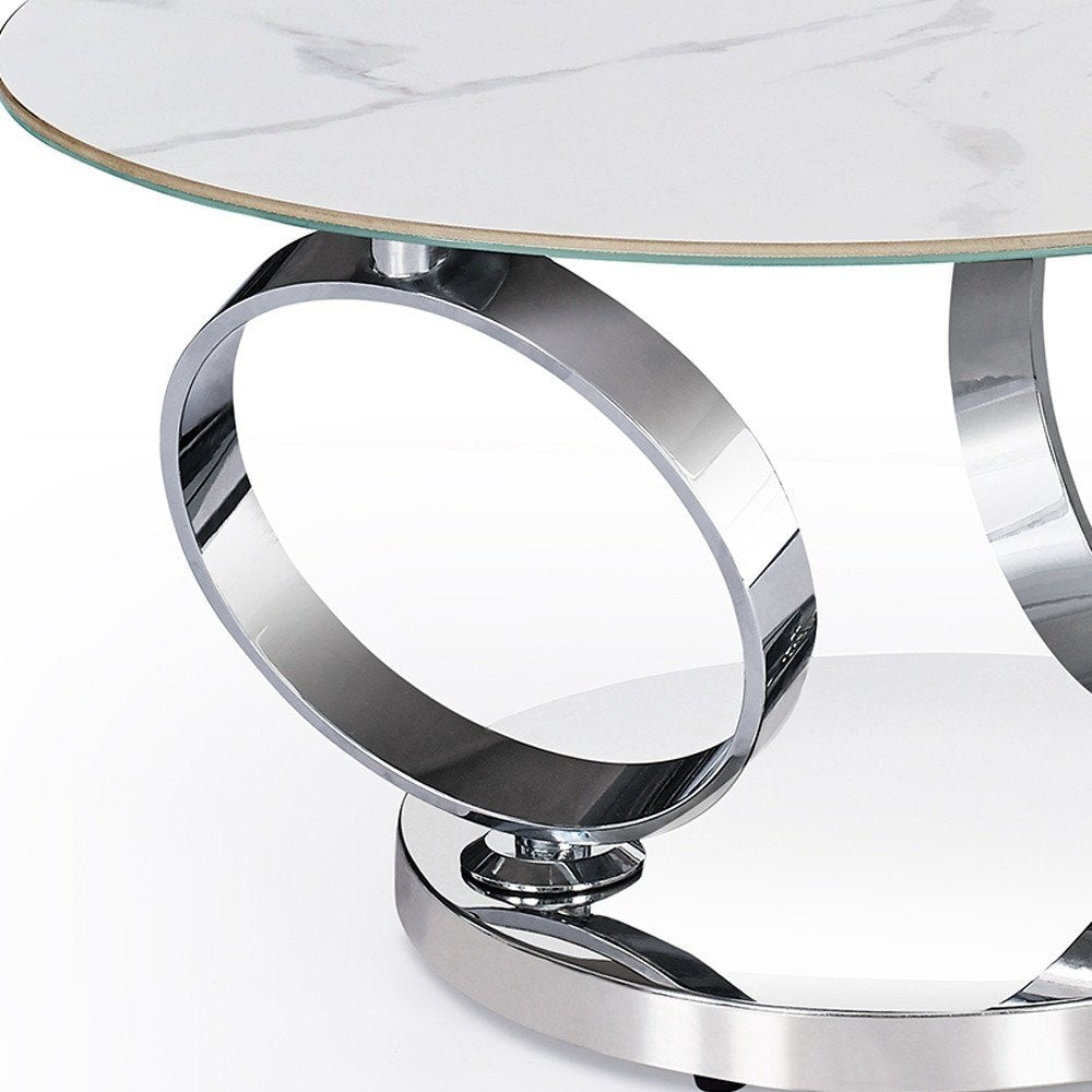 White and Silver Ceramic Tile and Metal Round Abstract Coffee Table