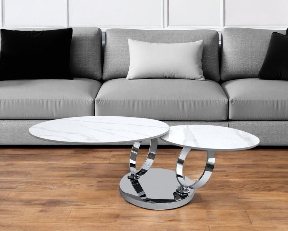 White and Silver Ceramic Tile and Metal Round Abstract Coffee Table