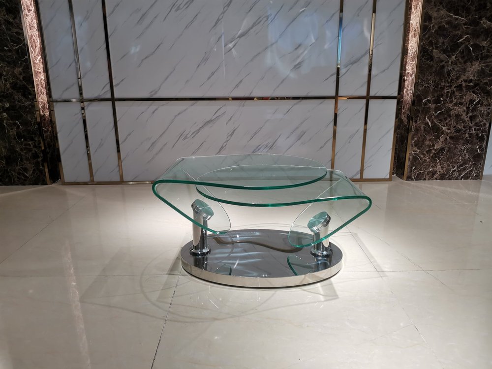 Clear and Silver Glass and Metal Oval Abstract Coffee Table - 30-inch