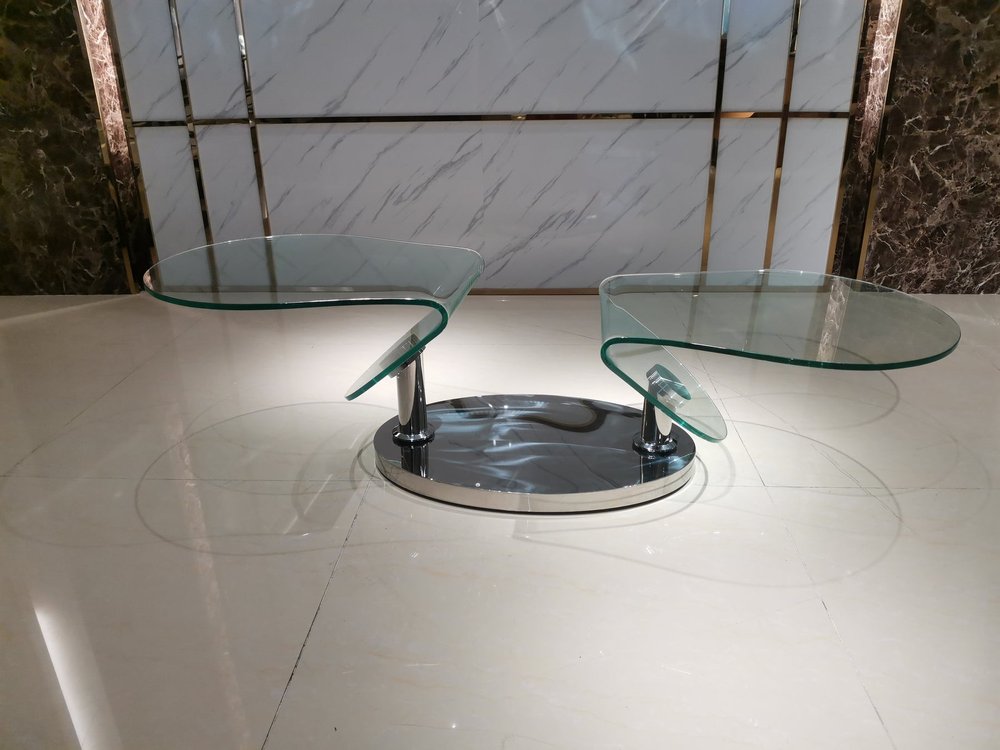 Clear and Silver Glass and Metal Oval Abstract Coffee Table - 30-inch
