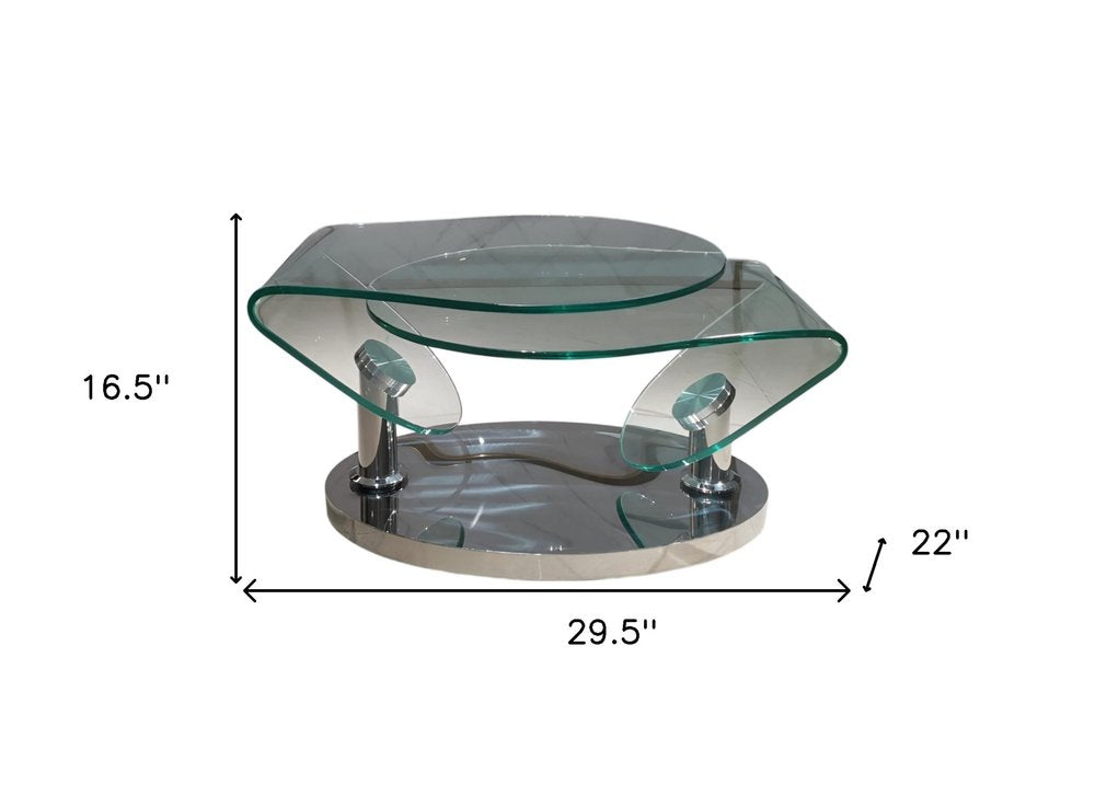 Clear and Silver Glass and Metal Oval Abstract Coffee Table - 30-inch