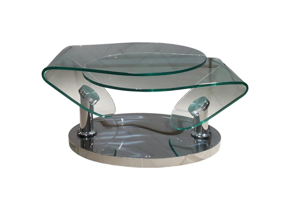 Clear and Silver Glass and Metal Oval Abstract Coffee Table - 30-inch