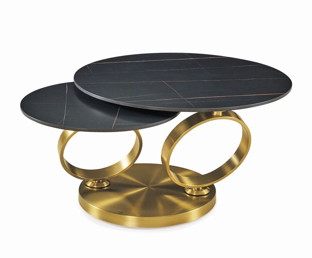 Black and Gold Ceramic Tile and Metal Round Distressed Abstract Coffee Table