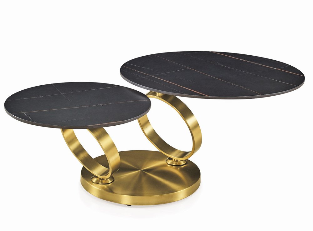 Black and Gold Ceramic Tile and Metal Round Distressed Abstract Coffee Table