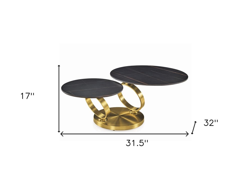 Black and Gold Ceramic Tile and Metal Round Distressed Abstract Coffee Table