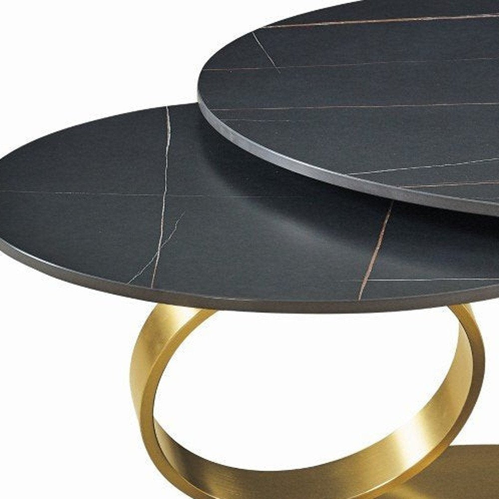 Black and Gold Ceramic Tile and Metal Round Distressed Abstract Coffee Table