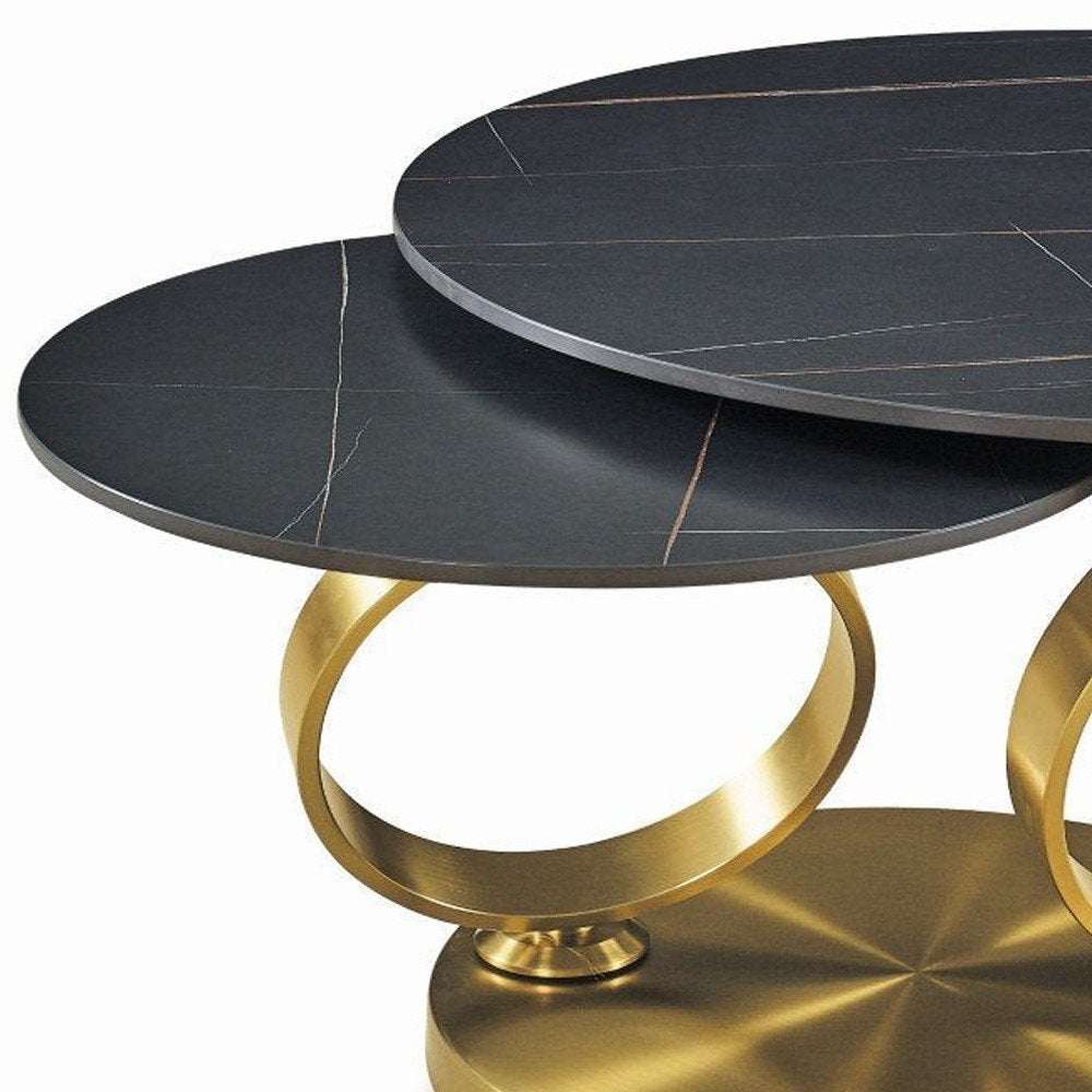 Black and Gold Ceramic Tile and Metal Round Distressed Abstract Coffee Table