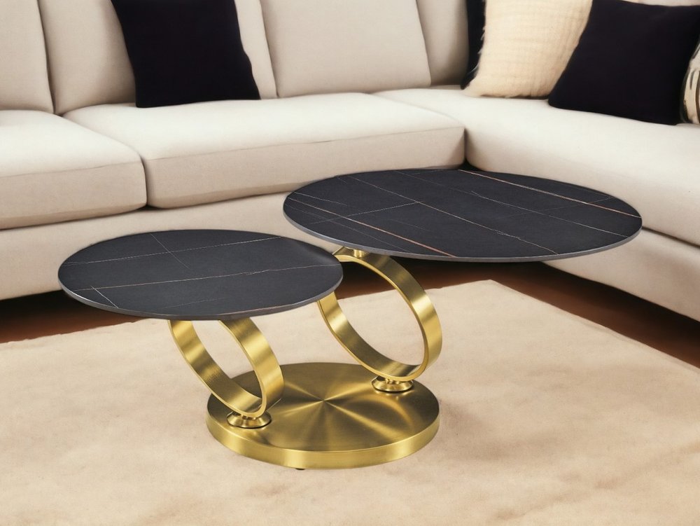 Black and Gold Ceramic Tile and Metal Round Distressed Abstract Coffee Table