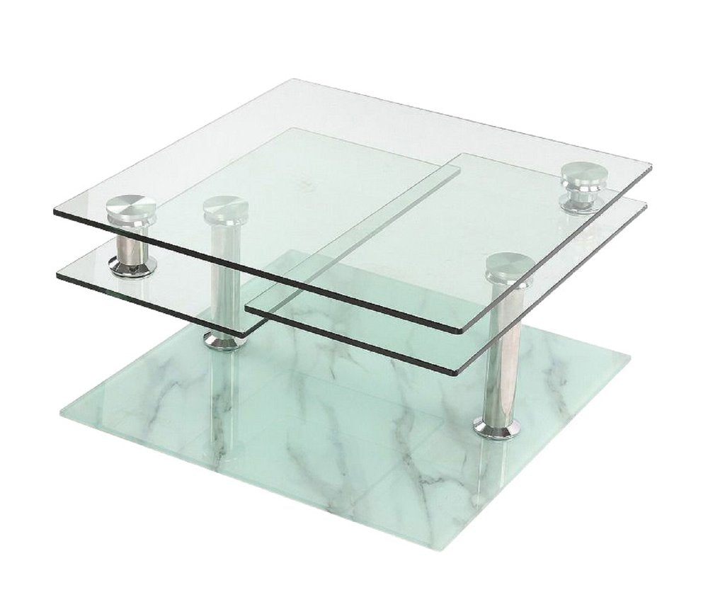 Clear and White Faux Marble Glass and Metal Coffee Table with Three Shelves