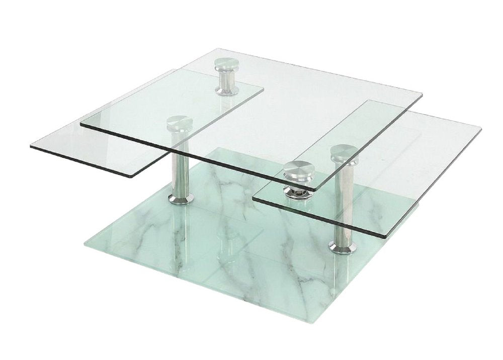 Clear and White Faux Marble Glass and Metal Coffee Table with Three Shelves