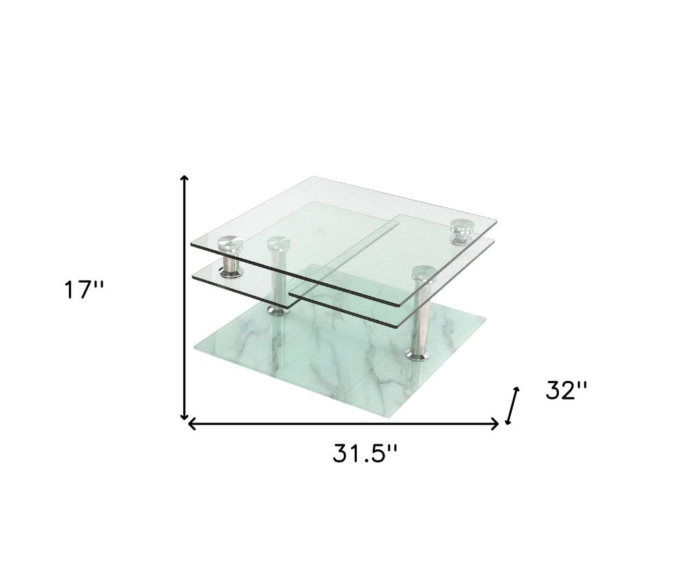 Clear and White Faux Marble Glass and Metal Coffee Table with Three Shelves