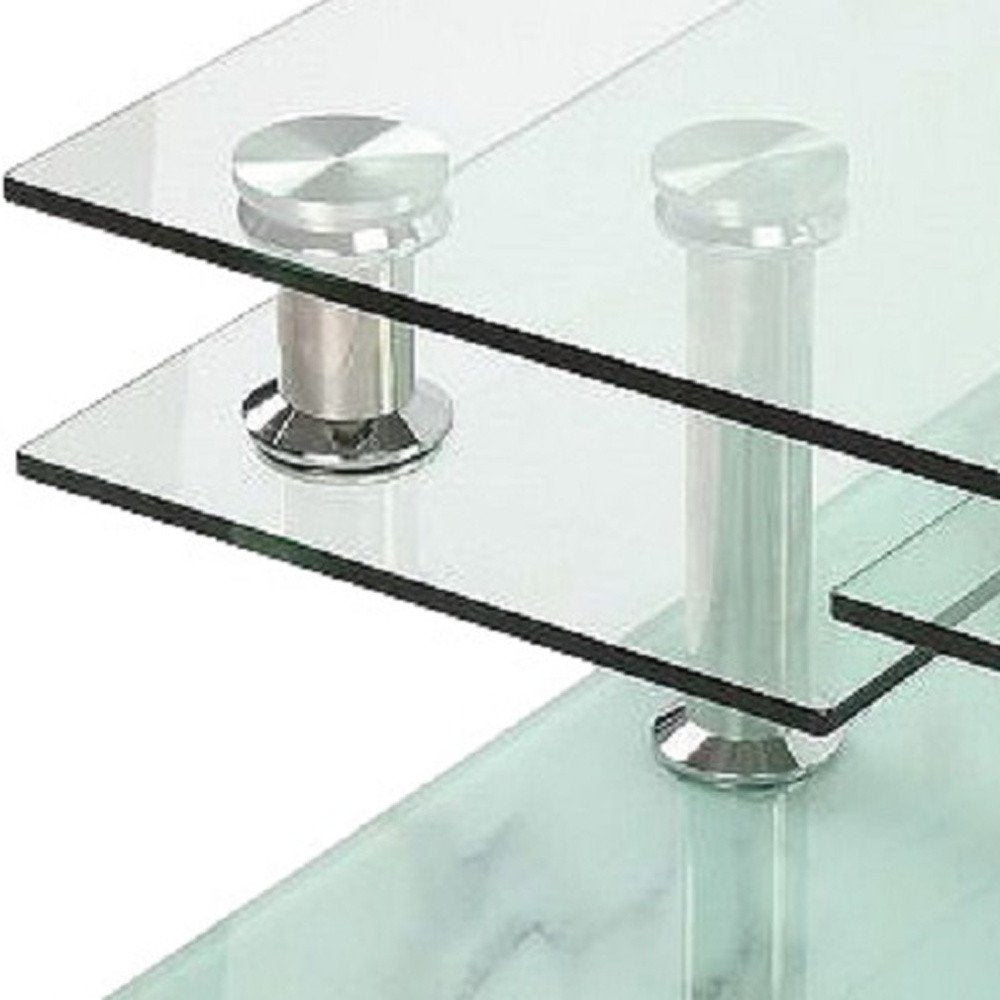 Clear and White Faux Marble Glass and Metal Coffee Table with Three Shelves