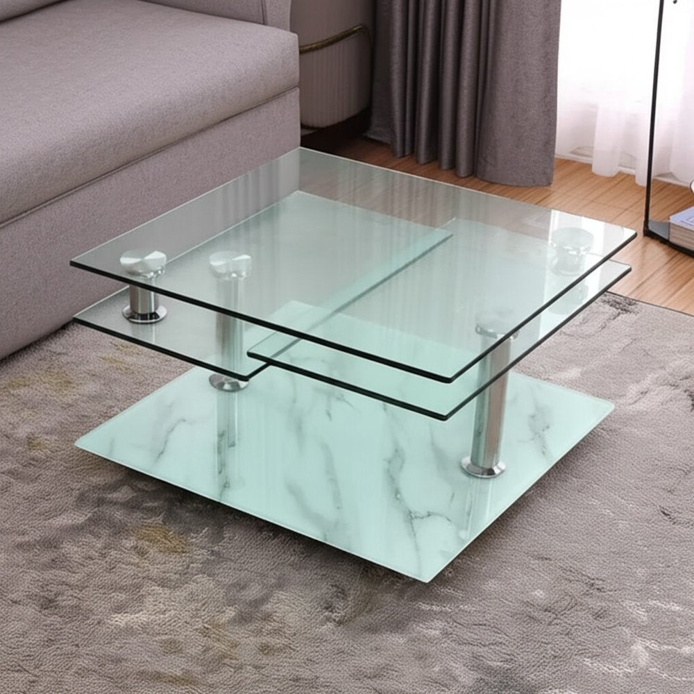 Clear and White Faux Marble Glass and Metal Coffee Table with Three Shelves