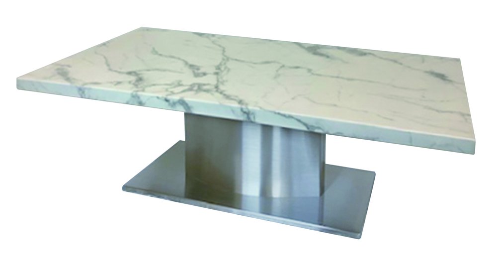 White and Silver Genuine Marble and Stainless Steel Pedestal Coffee Table