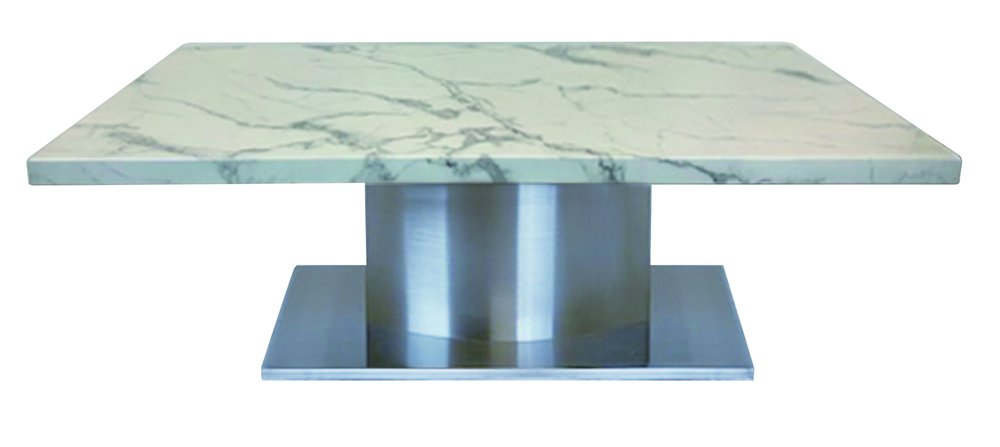 White and Silver Genuine Marble and Stainless Steel Pedestal Coffee Table