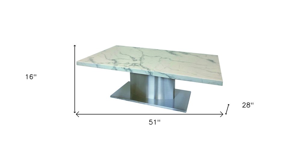 White and Silver Genuine Marble and Stainless Steel Pedestal Coffee Table