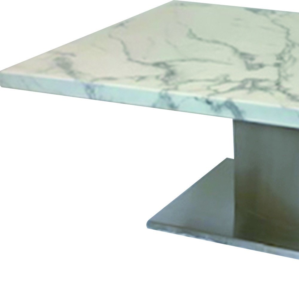 White and Silver Genuine Marble and Stainless Steel Pedestal Coffee Table