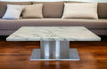 White and Silver Genuine Marble and Stainless Steel Pedestal Coffee Table