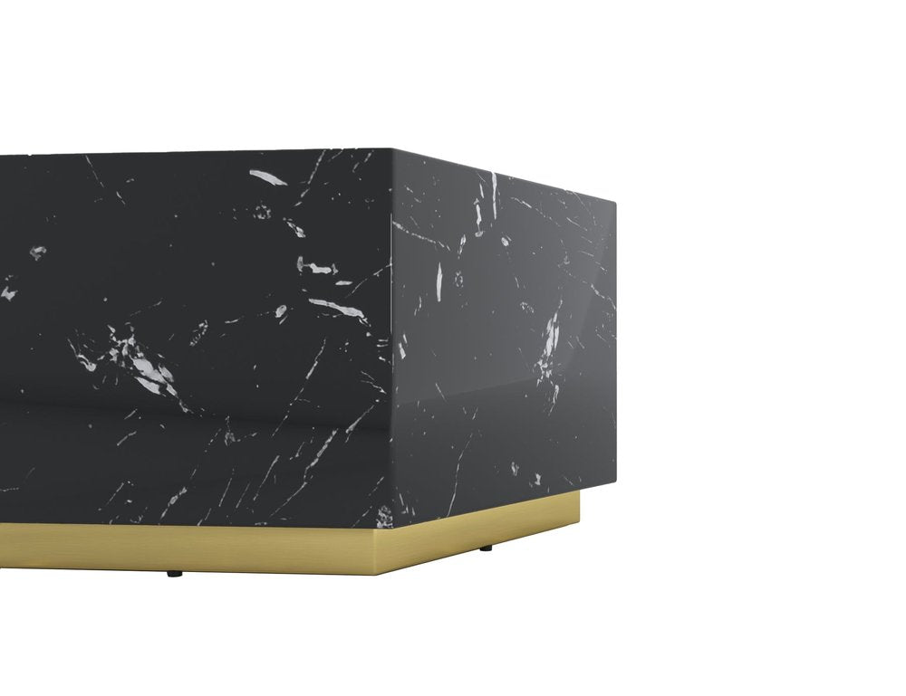 Black and Gold Faux Marble Hexagon Drum Coffee Table - 35-inch
