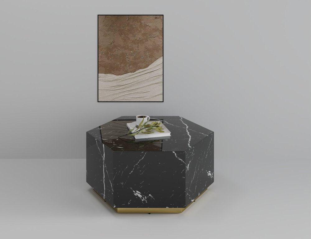 Black and Gold Faux Marble Hexagon Drum Coffee Table - 35-inch
