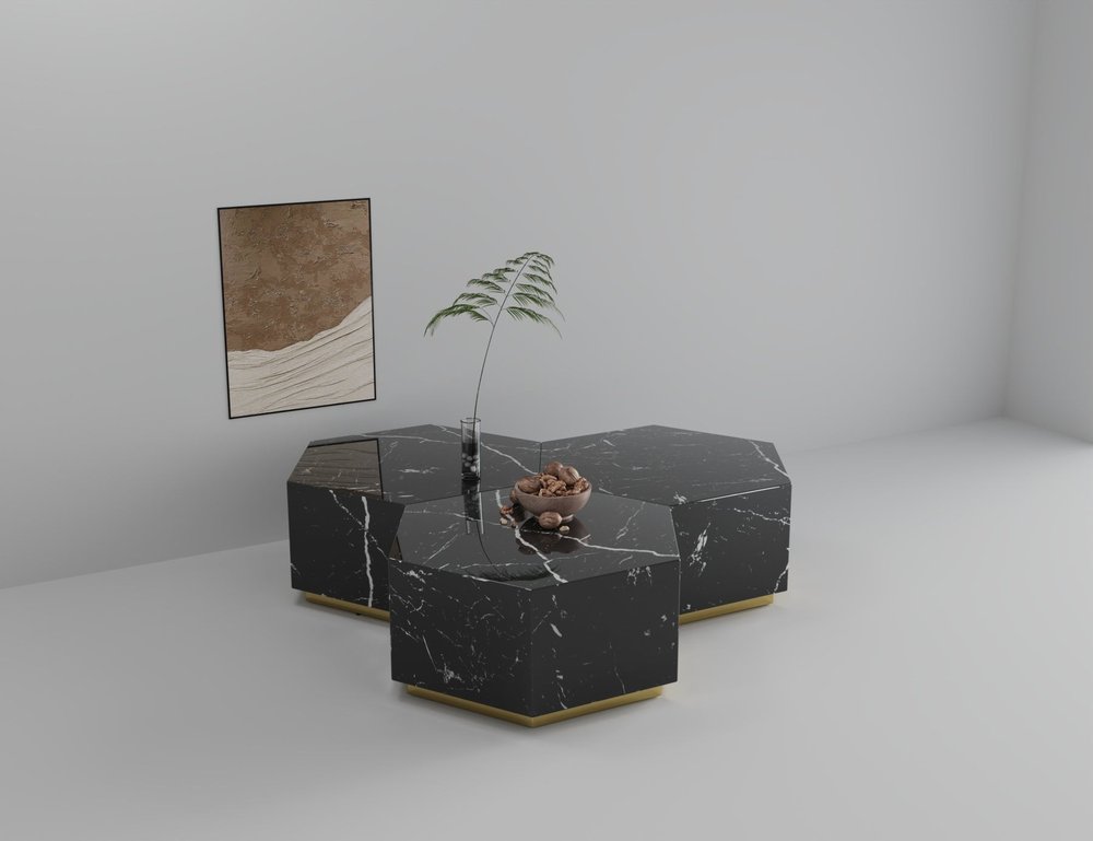 Black and Gold Faux Marble Hexagon Drum Coffee Table - 35-inch