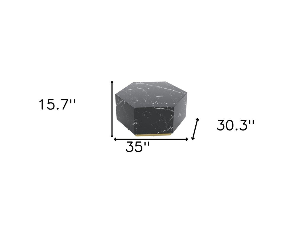 Black and Gold Faux Marble Hexagon Drum Coffee Table - 35-inch