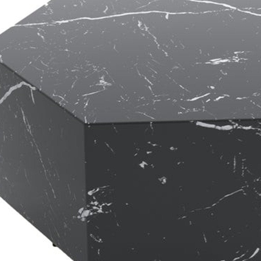 Black and Gold Faux Marble Hexagon Drum Coffee Table - 35-inch