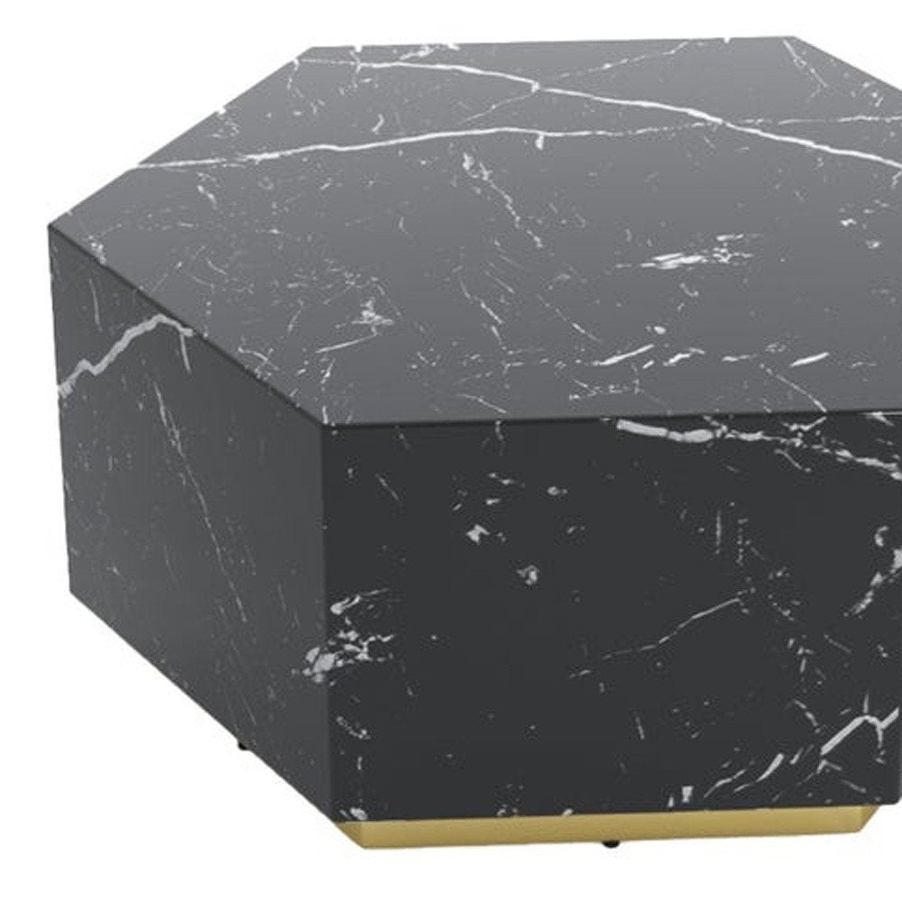 Black and Gold Faux Marble Hexagon Drum Coffee Table - 35-inch
