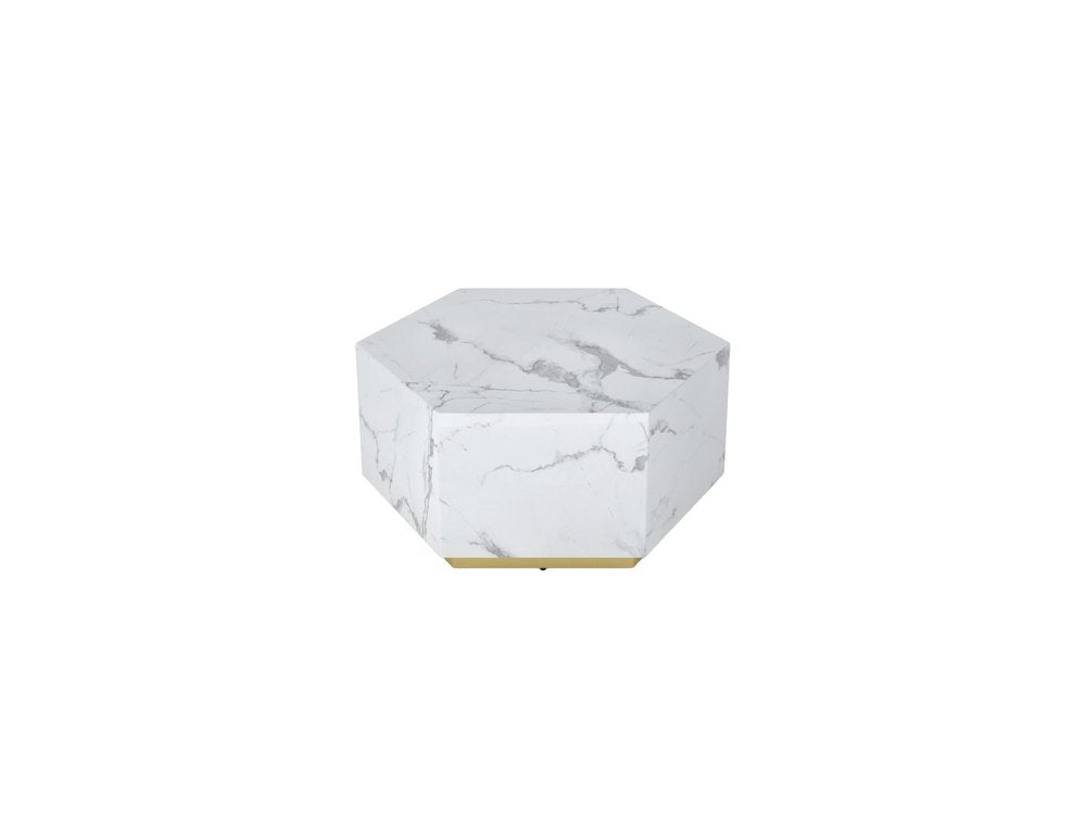 White and Gold Faux Marble Hexagon Drum Coffee Table - 35-inch
