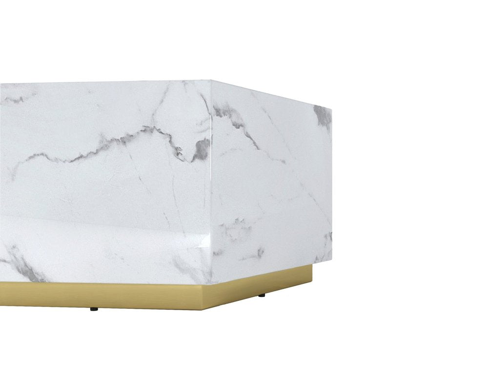 White and Gold Faux Marble Hexagon Drum Coffee Table - 35-inch