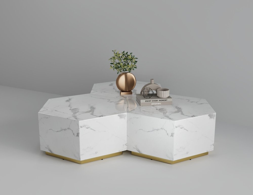 White and Gold Faux Marble Hexagon Drum Coffee Table - 35-inch